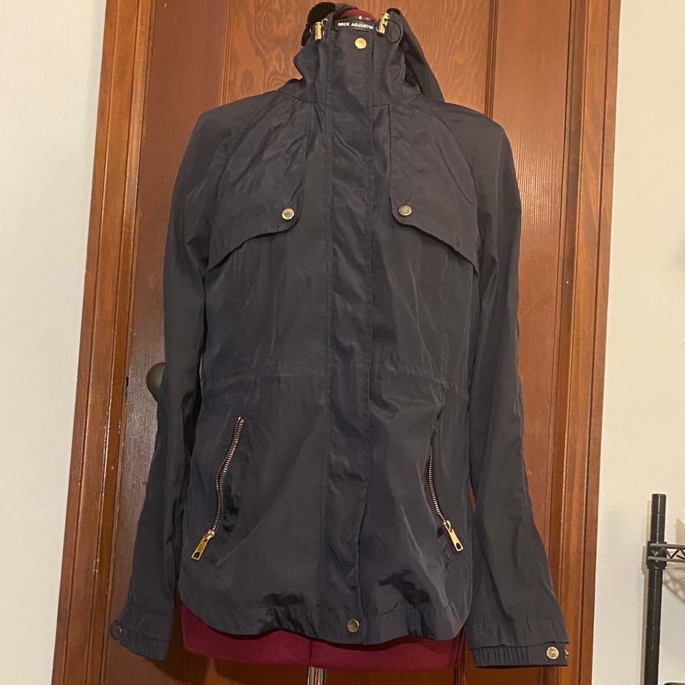 Zara Dark Navy Utility Windbreaker Jacket with Gold Accents